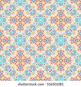Floral Seamless Pattern. Colorful weave stylized flower background. Blue yellow pink flourish ornament vector. Intricate luxury decoration. Furniture fabric print, wallpaper. Interior design element.