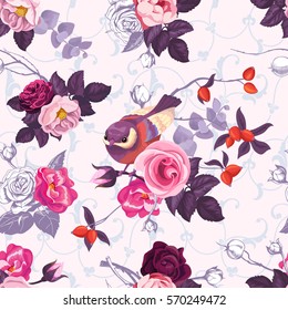 Floral seamless pattern with colorfull bunches of roses and cute little bird on background. Vector illustration in retro style for wallpaper, textile print, wrapping paper