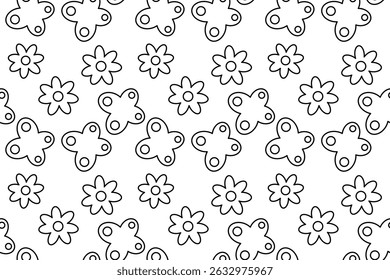 Floral seamless pattern. Coloring page of butterflies and springtime flowers. Abstract background. For entertaining kids, black and white summer or spring design, DIY craft, wrapping, and wallpaper.