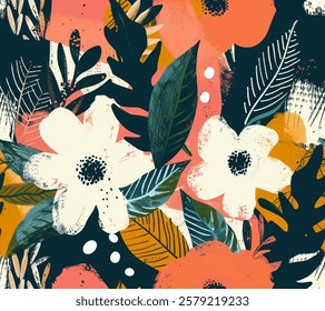 Floral seamless pattern of combination of blooms, textured petals, and lush greenery. Foliage and botanical elements dynamic vector design for textiles, wallpapers, or creative projects