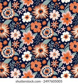 Patrón floral sin fisuras en estilo plano contemporáneo seis colores naranja, verde, blanco, rosa, azul marino. Repita La Textura De Impresión De Fondo de pantalla. Perfectamente para el papel de embalaje, textil, tela, adorno de decoración.