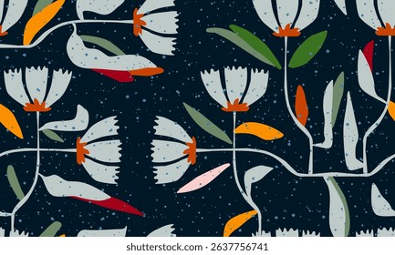 Floral Seamless Pattern. Contemporary Print Design with Abstract Flowers. Monochrome Fashionable Botanical Template for Modern Design, Fabric, Patterns, Textile. Not AI