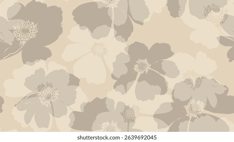 Floral Seamless Pattern. Contemporary Print Design with Pastel Color Flowers. Monochrome Fashionable Botanical Template for Modern Design, Fabric, Patterns, Textile.