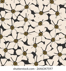Floral Seamless Pattern. Contemporary Print Design with Abstract Flowers. Monochrome Fashionable Botanical Template for Modern Design, Fabric, Patterns, Textile.