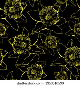 Floral seamless pattern with contour hand drawn flowers Daffodils, Narcissus on black background. Manual artwork design. For create wallpaper,  fabrics, home textile, clothes.