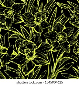Floral seamless pattern with contour of large hand drawn flowers Daffodils, Narcissus on black background. Manual artwork graphic. For create wallpaper,  fabrics, home textile, mens clothes.