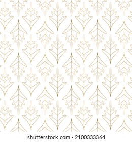 Patrón floral sin fisuras. Contorno de hojas de roble dorado lineales sobre fondo blanco. Diseño estacional