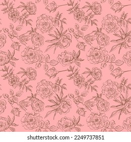 Patrón floral sin soldadura con rosales de contorno en el vector de fondo rosa
