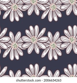 Floral seamless pattern with contoured daisy big flowers ornament. Dark navy blue background. Bloom print. Stock illustration. Vector design for textile, fabric, giftwrap, wallpapers.