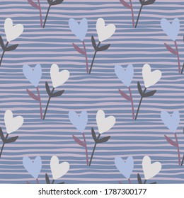 Floral seamless pattern with contoured ywigs and heart elements. Design in pastel palette, blue and white tones. Background with strips. For wallpaper, wrapping paper, textile print, fabric. Vector