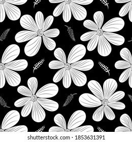 Patrón floral sin fisuras. Flores contrastantes en un fondo negro. Ilustración interminable del vector de verano.