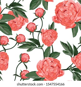 Floral Seamless Pattern with Coral Orange Peonies. Spring Blooming Flowers Background for Fabric, Prints, Wedding Decoration, Invitation, Wallpapers, Wrapping Paper. White background.