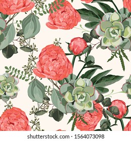 Floral Seamless Pattern with Coral Orange Peonies, succulent and herbs. Spring Blooming Flowers Background 