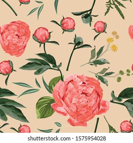 Floral Seamless Pattern with Coral Orange Peonies and herbs. Spring Blooming Flowers.