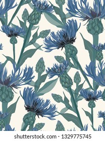 floral seamless pattern with cornflower in blue colors on white background