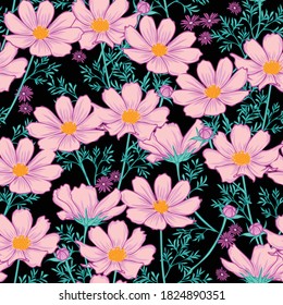 Floral seamless pattern with cosmos flower. purple flowers on black background design.