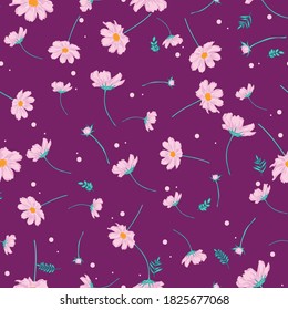 Floral Seamless Pattern With Cosmos Flower. Cute Hand Drawing Flowers On Purple Background Design.