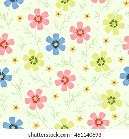  Floral Seamless Pattern. Cosmos Flower. Pink, Blue and Green Flowers. Vintage Background.  Vector illustration