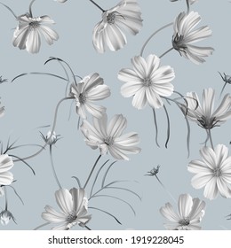 Floral seamless pattern, cosmos flowers with leaves in blue tone