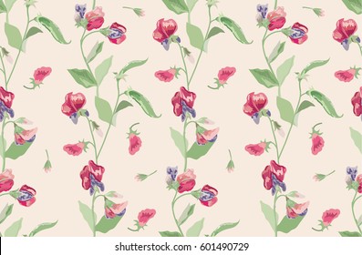 Floral seamless pattern in country style. Background for textile or book covers, manufacturing, wallpapers, print, gift wrap and scrapbooking. Flowers of sweet peas on a beige background