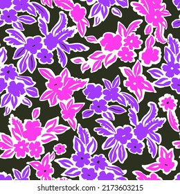 Floral seamless pattern. Craftdrawn retro fashion print for fabric, paper, home textile and goods. Botanical vector background with painted flowers. Hand drawn meadow wallpaper.