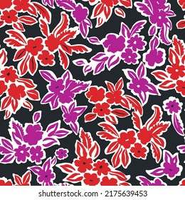 Nahtloses Muster ohne Blumen. Handgezeichneter Retro-Modedruck für Gewebe, Papier, Heimtextilien und Waren. Botanischer Vektorhintergrund mit gemalten Blumen. Handgezeichnete Wiese-Tapete.