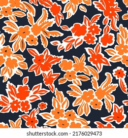 Nahtloses Muster ohne Blumen. Handgezeichneter Retro-Modedruck für Gewebe, Papier, Heimtextilien und Waren. Botanischer Vektorhintergrund mit gemalten Blumen. Handgezeichnete Wiese-Tapete.