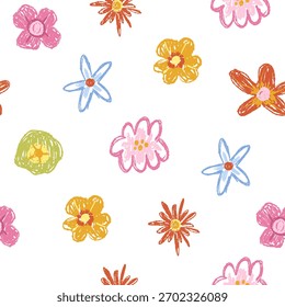 Floral seamless pattern with crayon drawn flowers