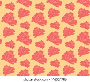 Floral seamless pattern with creamy red silhouettes of garden roses on beige background. Vector illustration.