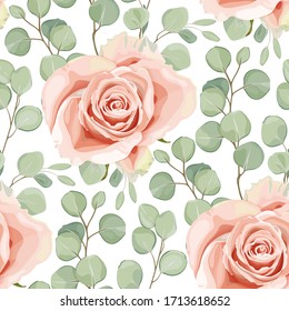 Patrón floral sin fisuras con hojas de árbol cremoso rosa y eucalipto plata en dólares. Diseño elegante para una boda, floristería de boda. Ilustración de material vectorial aislada en fondo blanco.