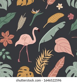 Floral seamless pattern with creative decorative flowers, flamingo on black background. Great for fabric, textile. Vector background
