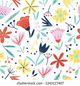 Floral seamless pattern with creative flowers and decorative elements in scandinavian style. Beautiful template for print, postcards, poster, party, summer background, fabric, vintage textile. Vector.
