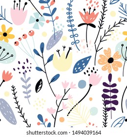 Floral seamless pattern with creative flowers and decorative elements in scandinavian style. Creative template for print, postcards, poster, fabric, nursery, greeting card, banner, book illustration. 