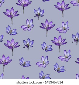 Floral seamless pattern with crocus on the blue background. Pattern for wedding stationary, fashion, wallpapers, greetings, background for web page.