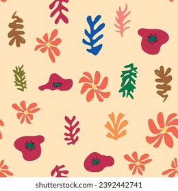 floral seamless pattern, crooked leaves and flowers. Contemporary botanic background, modern print floral element, organic shapes