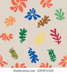 floral seamless pattern, crooked leaves and flowers. Contemporary botanic background, modern print floral element, organic shapes