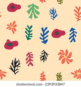 floral seamless pattern, crooked leaves and flowers. Contemporary botanic background, modern print floral element, organic shapes