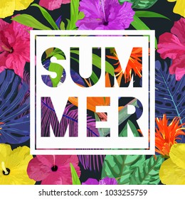 Floral seamless pattern with cut text SUMMER. Background with isolated colorful hand drawn tropical flowers and leaves on black background. Design for invitation, prints and cards. Vector illustration