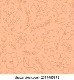 Floral seamless pattern of cute abstract hand-drawn flowers and leaves. Modern vector illustration.