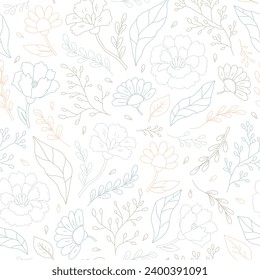 Floral seamless pattern of cute abstract hand-drawn flowers and leaves. Tender vector illustration.