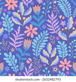 Patrón floral sin fisuras con lindas flores abstractas doodle. Impresión de moda para textiles, papel de embalaje y embalaje.