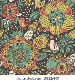 Floral seamless pattern with cute birds. Colorful background can be used for textile design, website design, wedding invitation