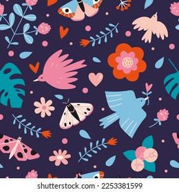 Floral seamless pattern with cute birds, butterflies and flowers on a dark background, cartoon style. Trendy modern vector illustration, hand drawn, flat 