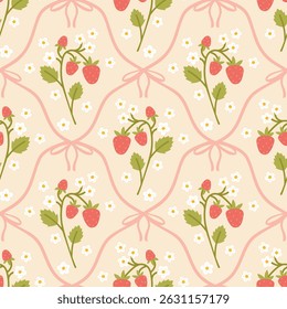 Floral seamless pattern with a cute blooming strawberry branch and flirty bows tied with net ribbons on a soft pastel background. for kids clothing, textiles, nursery, stationery, scrapbooking