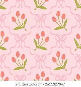 Floral seamless pattern with cute bouquets of tulips and flirty bows tied with net ribbons on a soft pastel background. Perfect for kids clothing, textiles, nursery, stationery, scrapbooking
