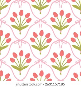 Floral seamless pattern with cute bouquets of tulips and flirty bows tied with net ribbons on a soft pastel background. Perfect for kids clothing, textiles, nursery, stationery, scrapbooking