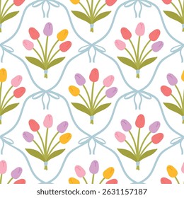Floral seamless pattern with cute bouquets of tulips and flirty bows tied with net ribbons on a soft pastel background. Perfect for kids clothing, textiles, nursery, stationery, scrapbooking