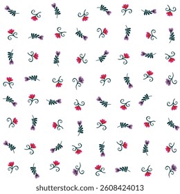 Floral seamless pattern of cute branches with flowers and buds on a white background in vector. Beautiful print for fabric in folk style.
