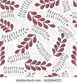 Floral seamless pattern. Cute brown and grey branches with leaves on the white background. Design for fabric, card, print and wallpaper.