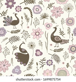  Floral seamless pattern with cute cartoon peacocks birds